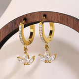 Gold-Plated Stainless Steel Huggie Hoop Earrings with Zircon Lotus Charm 22mm Drop