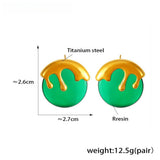 Bold Green & Gold Drip Statement Earrings Resin & Titanium Steel, 2.7cm