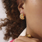 Red Crystal & Gold-Tone Half Hoop Earrings Bold Textured Design