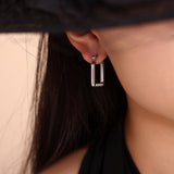 Silver-Plated Square Hoop Earrings with Black Rhinestones Stainless Steel, 2.3cm