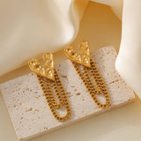 Gold Textured Heart Chain Drop Earrings Stainless Steel Statement Design