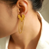 Gold Textured Heart Chain Drop Earrings Stainless Steel Statement Design