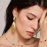 Elegant Gold-Tone Stainless Steel Dangle Earrings Textured Leaf Design