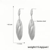 Elegant Silver-Tone Stainless Steel Dangle Earrings Textured Leaf Design