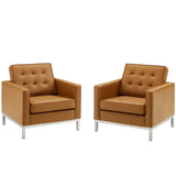 Loft Tufted Upholstered Faux Leather Armchair Set Of 2 Silver Tan