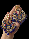 DER797 large sized kundan earrings - royal blue ( READY TO SHIP )