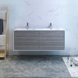 Fresca Catania 60 Glossy Ash Gray Wall Hung Modern Bathroom Cabinet W/ Integrated Double Sink