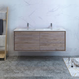 Fresca Catania 60 Rustic Natural Wood Wall Hung Modern Bathroom Cabinet W/ Integrated Double Sink