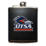 Utsa Road Runners Black Leather Wrapped Stainless Steel 7 Oz Flask