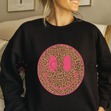Pink Cheetah Smiley Graphic Sweatshirt – Trendy Y2K Preppy Fleece Pullover
