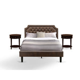 Gb25Q-2Hi0M 3-Pc Platform Bedroom Set With Button Tufted Queen Size Bed Frame And 2 Mahogany Night Stands - Dark Brown Faux Leat