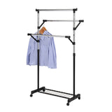 Hiroko Wheeled Hanging Clothing Garment Rack With Adjustable Racks & Shoe Storage, Black & Chrome Metal