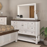 Sunset Trading Rustic French Dresser | 6 Drawers | 2 Storage Cabinets | Large Display Shelf | Distressed White And Brown Solid W