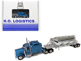 Kenworth W900L Truck Tractor with Sleeper Cab Blue Metallic and Pneumatic Tank Trailer Combo Set 1/87(HO) Plastic Model Car by H