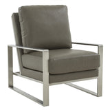 Leisuremod Jefferson Leather Armchair With Silver Frame And Octagon Coffee Table With Geometric Base