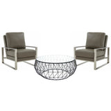 Leisuremod Jefferson Modern Leather Armchair With Silver Frame And Round Coffee Table With Glass Top And Metal Base