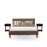 Kd18K-2Hi0M 3 Piece Wooden Bedroom Set - 1 Bed Frame Brown Linen Fabric Padded And Button Tufted Headboard - 2 Night Stands For