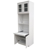 Gremlin Kitchen Storage Pantry Microwave Cabinet With Adjustable Shelves & Pull-Out Shelf, White Wood & Glass, Contemporary