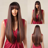 Long Straight Brown Wig with Bangs - Natural Looking Synthetic Hair Wig with Highlights for Women