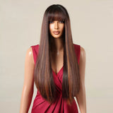 Long Straight Brown Wig with Bangs - Natural Looking Synthetic Hair Wig with Highlights for Women