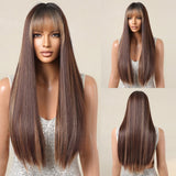 Long Straight Brown Wig with Blonde Highlights and Bangs - Natural Synthetic Hair Wig for Women