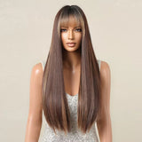 Long Straight Brown Wig with Blonde Highlights and Bangs - Natural Synthetic Hair Wig for Women