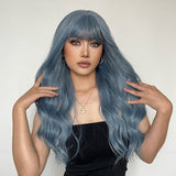 Long Wavy Synthetic Wig with Bangs - Trendy Dusty Blue Wig with Natural Waves for Women