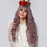 Long Wavy Synthetic Wig with Bangs - Beautiful Lavender Wig with Natural Waves for Women
