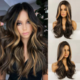 Long Wavy Wig with Face-Framing Highlights - Dark Brown Wig with Blonde Accents for Women