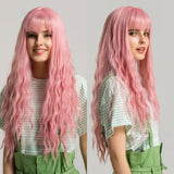 Long Wavy Synthetic Wig with Bangs - Fun Vibrant Pink Wig with Natural Waves for Women