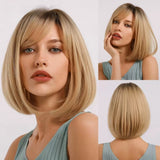 Medium Straight Bob Wig with Side Bangs - Dark Root to Light Blonde Synthetic Wig for Women