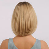 Medium Straight Bob Wig with Side Bangs - Dark Root to Light Blonde Synthetic Wig for Women