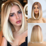 Medium Straight Bob Wig with Blonde Highlights - Dark Root to Blonde Face-Framing Synthetic Wig for Women
