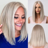 Medium Straight Bob Wig - Cool Platinum Blonde Synthetic Wig with Subtle Dark Roots for Women