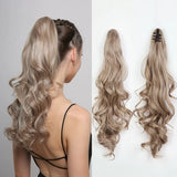 Long Curly Claw Clip Ponytail Extension - Natural Light Ash Blonde Synthetic Hairpiece for Women