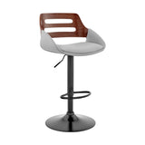 Karter Adjustable Gray Faux Leather And Walnut Wood Bar Stool With Black Base