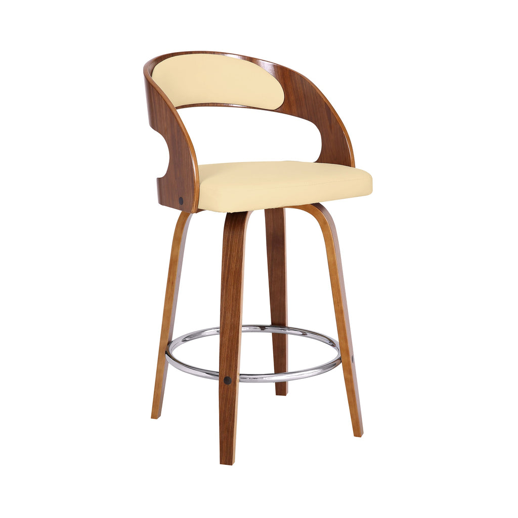 Shelly Contemporary 26 Counter Height Swivel Barstool In Walnut Wood Finish And Cream Faux Leather