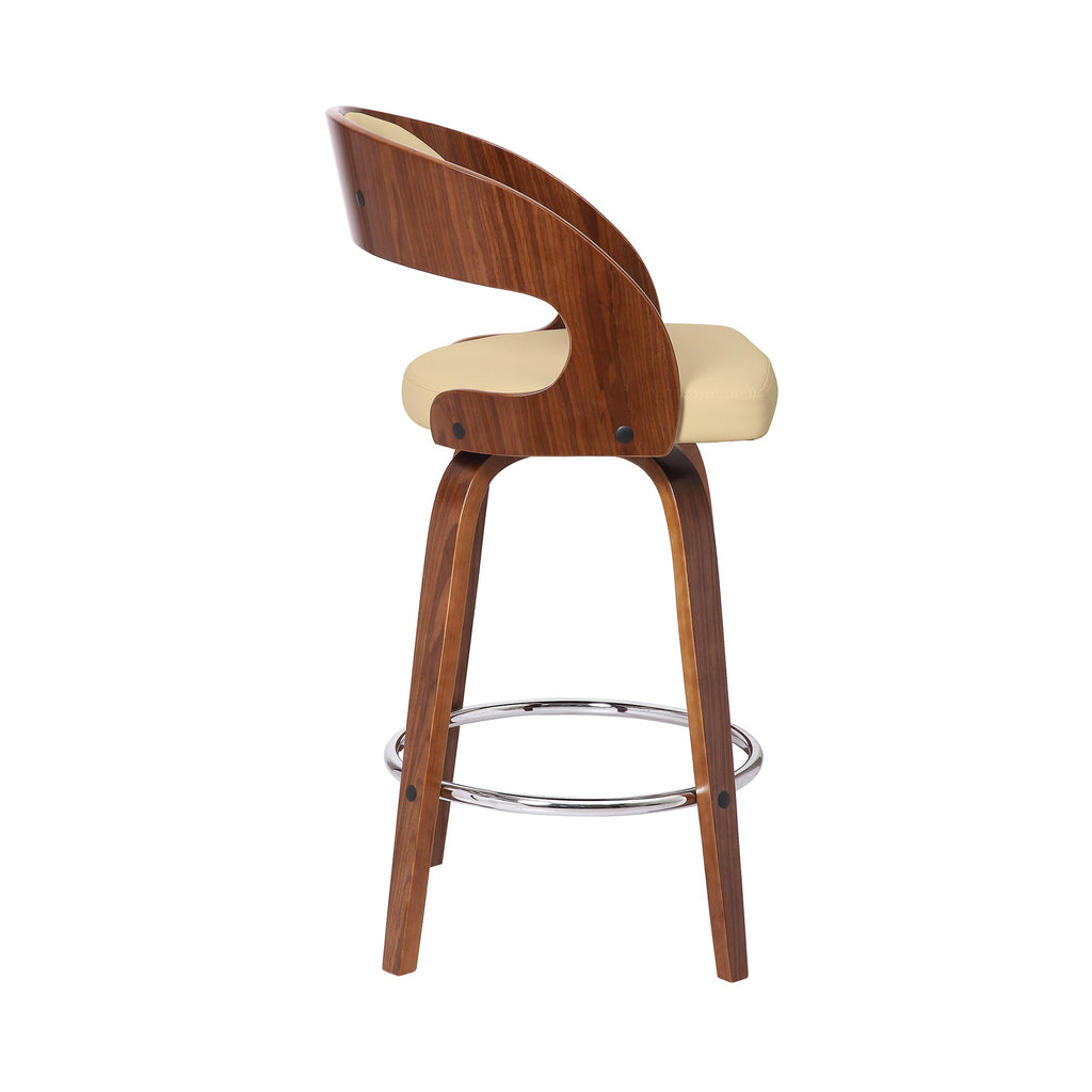 Shelly Contemporary 26 Counter Height Swivel Barstool In Walnut Wood Finish And Cream Faux Leather