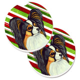 Caroline'S Treasures Papillon Candy Cane Holiday Christmas Set Of 2 Cup Holder Car Coasters Lh9255Carc, 2.56, Multicolor