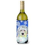 Old English Sheepdog Winter Snowflakes Holiday Wine Bottle Beverage Insulator Beverage Insulator Hugger
