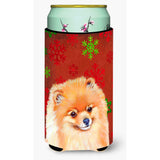 Pomeranian Red And Green Snowflakes Holiday Christmas Tall Boy Beverage Insulator Beverage Insulator Hugger