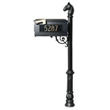 Lewiston Equine Mailbox Post System With Ornate Base, Horsehead Finial, And 3 Cast Aluminum Personalized Address Plates , Black