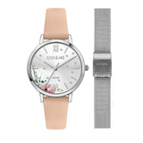 Oui & Me Fleurette Pink Leather Strap Silver Dial Solar Me010373 WomenS Watch With Extra Bracelet