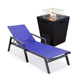 Leisuremod Marlin Modern Black Aluminum Outdoor Patio Chaise Lounge Chair With Arms And Square Fire Pit Side Table Perfect For P