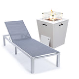 Leisuremod Marlin Modern White Aluminum Outdoor Patio Chaise Lounge Chair With Square Fire Pit Side Table Perfect For Patio, Law