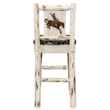 Montana Collection Barstool W/ Back - Woodland Upholstery, W/ Laser Engraved Bronc Design, Clear Lacquer Finish