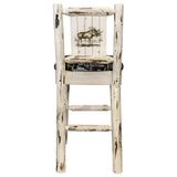 Montana Collection Barstool W/ Back - Woodland Upholstery, W/ Laser Engraved Moose Design, Clear Lacquer Finish