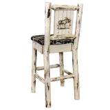 Montana Collection Barstool W/ Back - Woodland Upholstery, W/ Laser Engraved Moose Design, Clear Lacquer Finish