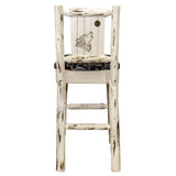 Montana Collection Barstool W/ Back - Woodland Upholstery, W/ Laser Engraved Wolf Design, Clear Lacquer Finish