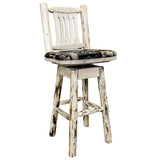 Montana Collection Counter Height Barstool W/ Back & Swivel - Woodland Upholstery, Clear Lacquer Finish